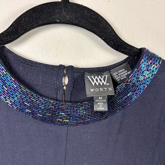 Worth beaded collar navy modal ruched bodice long sleeve top - Picture 4 of 10